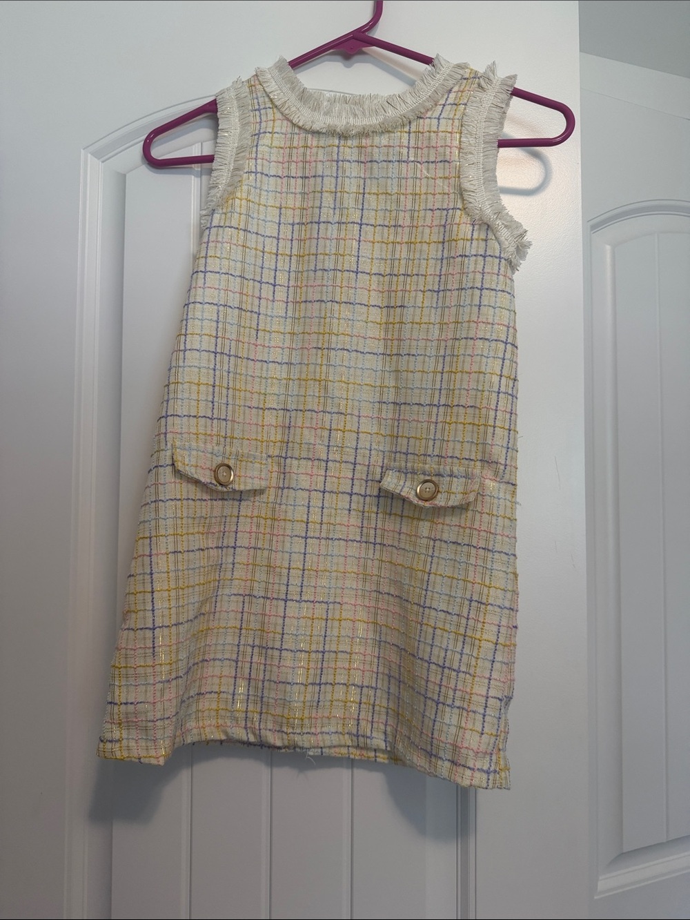 Kids Headquarters Cream Tweed Shift Dress with Pastel Check